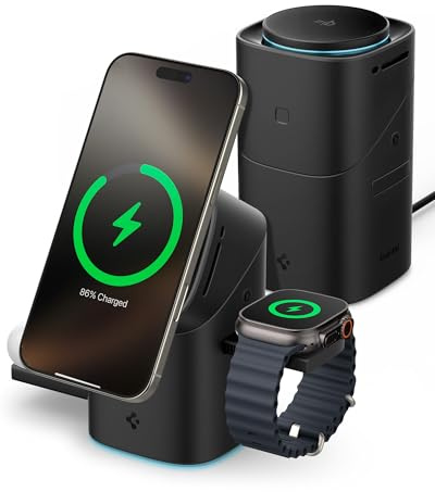 Spigen Essential MagFit Qi2 3-i-1 trådlös laddare, 15 W, magnetisk laddningsstation med pekrotation för iPhone 17/16/15/14 Pro Max 17e Samsung Galaxy S26 Ultra Plus, AirPods och Apple Watch