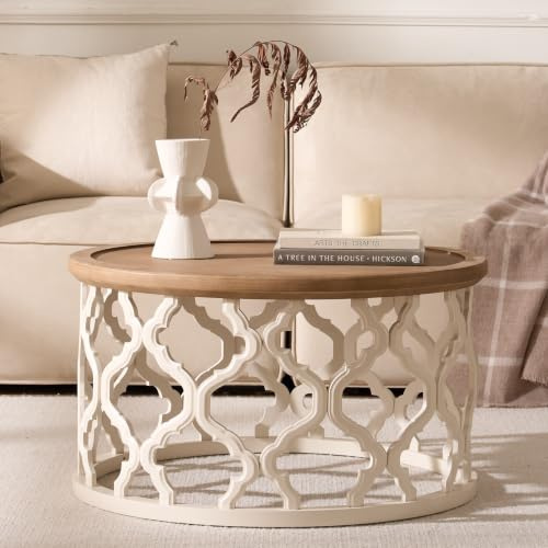 Cagnolier Couchtisch Rund Holz mit Durchbrochenen Tischbeinen, Ø76 x 41 cm | Weiß Tischbeine, Landhaus, Modern, Erhöhte Kante, Wohnzimmertisch Rund,Coffee Table, Für Wohnzimmer, Schlafzimmer