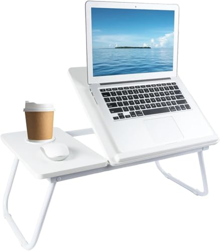 BREEZENEST Foldable Bed Desk with Wooden Top, Adjustable Laptop Table for Bed Use, 55x32cm Large Surface Laptop Stand with Sturdy Aluminum Frame for Working & Reading (White)
