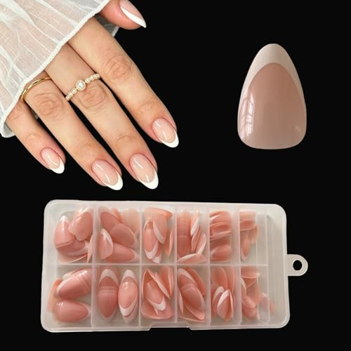 Faux Ongles Français - 120pcs Ongles Press-On Nue French Nails, Amande Façonné French Press on Nails, Pose Facile sans Top Coat (French Deep Arc Short Almond)