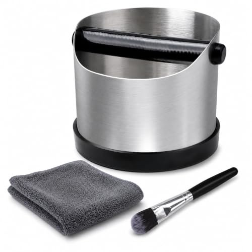 GullSkies Coffee Knock Box with Brush, Cloth and Stainless Steel Bin | Stainless steel coffee machine accessories with removable bar, anti-slip base, brush and cloth for tidy espresso prep