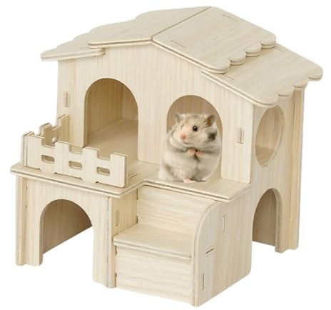 CutitiUU Wooden Hamster House,Golden Hamster Hiding House,Wooden Small Animal Shelter,Hamster Puzzle Hiding House,Double Layered Villa Tunnel Hamster Wooden Toy Landscaping,Young Guinea Pigs