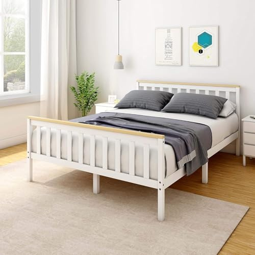 Panana White+Natural 4FT6 Wooden Pine Shaker Bed | Slatted Base Solid Wood Construction for Bedroom Furniture (White/Natural, Double)