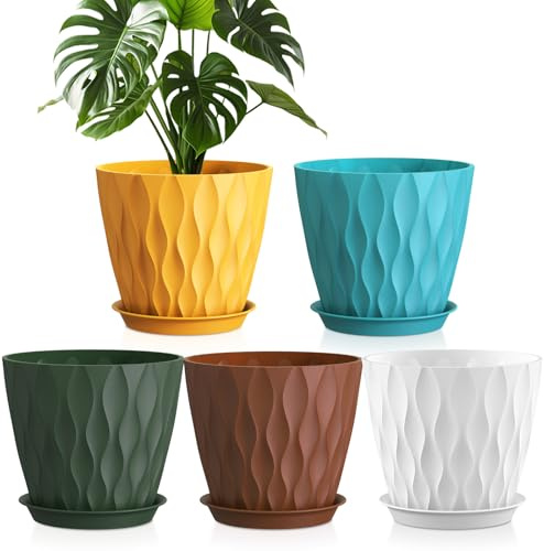 WSMKSZ 20cm Blumentöpfe Innen Außen, 5er Set Kunststoff Pflanztöpfe, Bunt | Dick Pflanzentopf mit Untersetzer & Abflusslöchern, 3D-Wellentextur, Übertopf für Monstera, Geranie