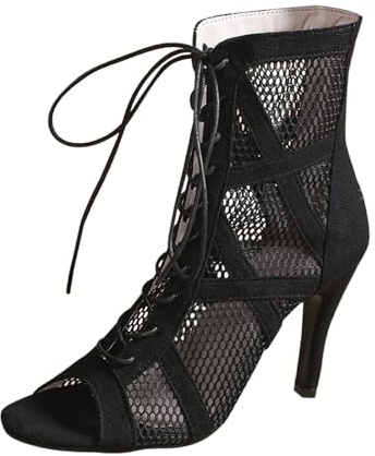 Tacones de baile para mujer, zapatos de baile con tiras de malla, elegantes sandalias de gladiador con puntera abierta, botines de tacón alto con cordones, botines sexis de aguja transpirables para