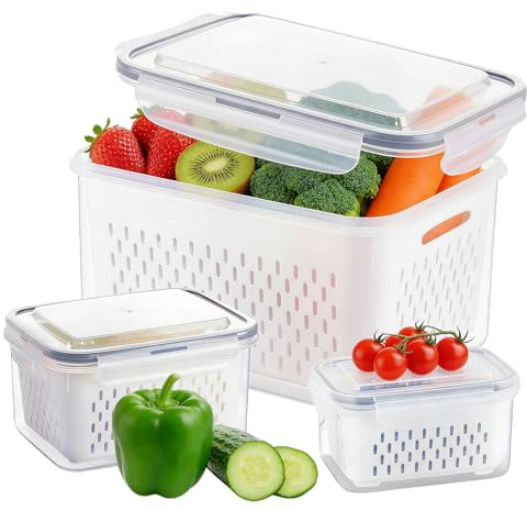 3 Set Fruit Storage Containers for Fridge with Removable Colander(Grey)