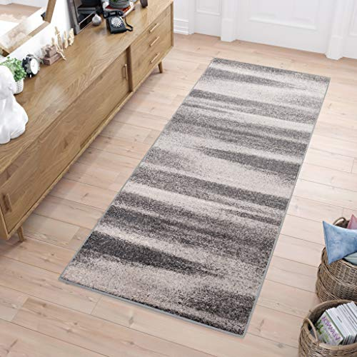 TAPISO Sari Teppich Läufer Flur Grau Taupe Kurzflor Streifen Verwischt Meterware Brücke nach Maß Küche Wohnzimmer Schlafzimmer ÖKOTEX 60 x 220 cm
