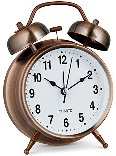 Bernhard Products Analog Alarm Clock Twin Bell Retro Copper Metal 4 Extra Loud Quartz Battery Operated with Backlight for Bedside Table Vintage Silent Non-Ticking Old fashioned Decorative Desk Clocks
