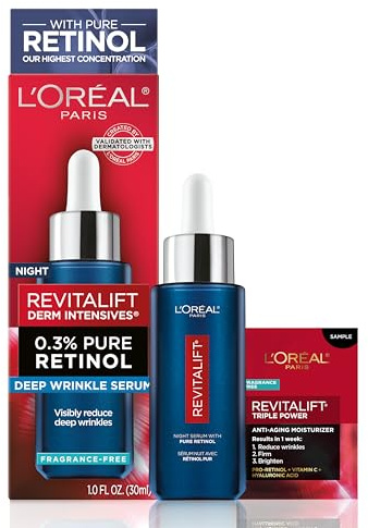 L'Oreal Paris Revitalift 0.3% Pure Retinol Night Serum, Reduce Deep Wrinkles, Fragrance Free 1 oz + Moisturizer Sample