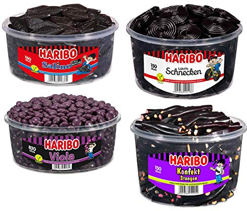 4 Dosen Haribo Lakritz Mischung Salino, Schnecken, Viola und Konfektstangen (2x 1200g, 1x 1148g) 1500g, 1x