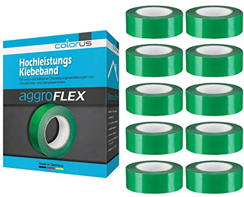 Colorus 10 x Dampfsperrfolie 50 mm x 25 m | Folienklebeband für Dampfbremse | Dampfsperrklebeband aggressiv klebend | Dampfbremsfolie für luftdichte Verklebungen | Dampfsperre Klebeband | Dachausbau