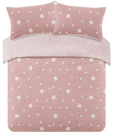 Dreamscene Star Printed Patterned Thermal Teddy Fleece Duvet Cover Quilt with Pillowcase Soft Warm Fluffy Bedding Set, Blush Pink/White - Single