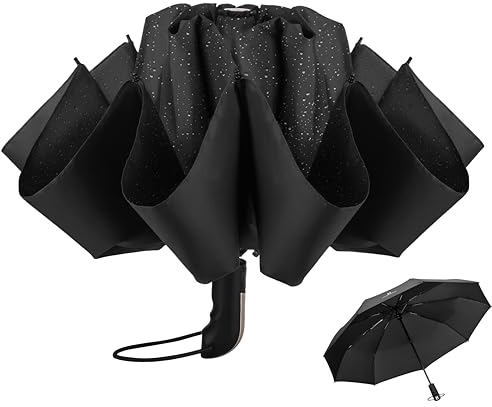 STYNGARD Regenschirm sturmfest bis 140 km/h zusammenfaltbar ohne zu tropfen - Reverse Taschenschirm mit zertifizierter Teflon-Beschichtung gegen Feuchtigkeit Modell LONDON (Schwarz)
