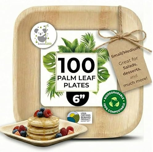 Palm Leaf Plate Bamboo Paper Disposable 6 Inch 100 Bulk Appetizer and Dessert Square Party Pack Eco Biodegradable Compostable Wooden Plates Better Than Plastic Plates By KoalaLove