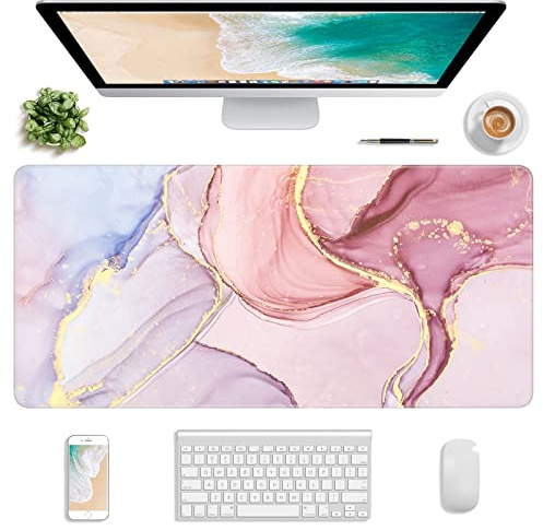 Atufsuat Extended Gaming Mouse Pad, XXL Large Mouse Mat 30 x 14 Inch, Big Computer Keyboard Mousepad, Waterproof Desk Pad with Stitched Edges and Non-Slip Base for Women Office Gaming, Pink Marble