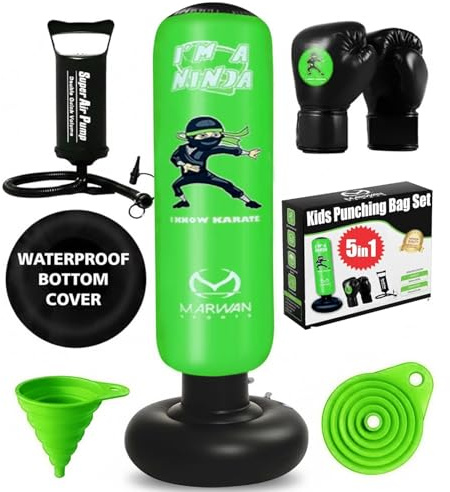 Marwan Sports 2025 Upgraded 5-in-1 Kids Punching Bag Set – Inflatable Boxing Bag Toy with Instant Bounce Back, Gloves, Air Pump, Protective Base Cover & Funnel, Gift for Boys Age 3-12 (5 in 1 Green)