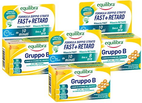 Equilibra Integratori Alimentari, Gruppo B, Integratore Vitamina B Formula Potenziata, Benessere Fisico-Mentale, Riduce Stanchezza e Affaticamento, 3 Pezzi da 30 Compresse Doppio Strato