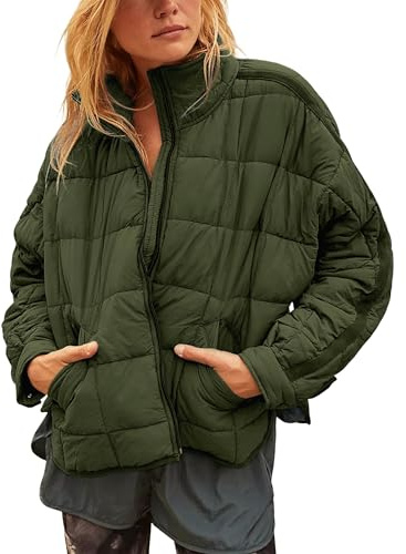 Freyhem Quilted Puffer Jacket Women Lightweight Short Zip Up Padded Coat with Pockets(GreenArmy-S)