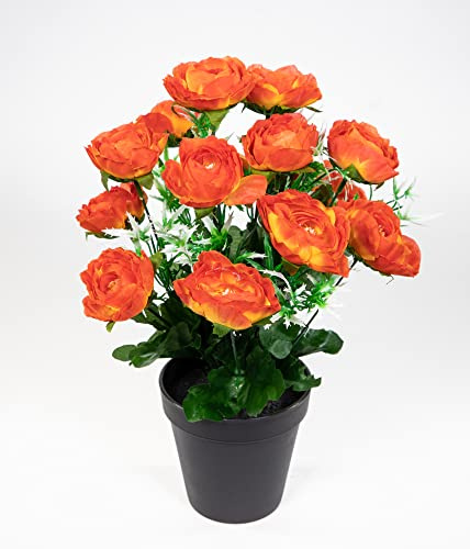 Seidenblumen Roß Ranunkelbusch 34cm orange im Topf JA Kunstpflanzen Kunstblumen künstliche Ranunkel Blumen
