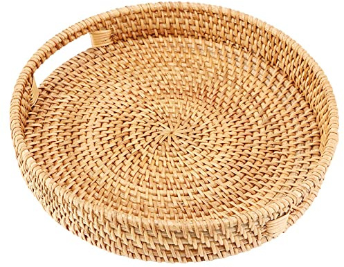 KOHAND Grand plateau de service rond en rotin tissé de 25 cm avec poignées, plateau de rangement de table naturel, panier décoratif tissé pour collation, pain, boisson, petit déjeuner, bougie
