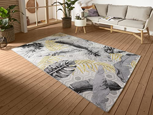 Hanse Home Gold Leaves In- & Outdoor Teppich – Flachgewebe Geometrisches Muster, Tropical Jungel Floral Palmen Design, ÖKO-TEX Wetterfest & UV-beständig für Balkon, Terrasse, Garten - Bunt, 80x165cm