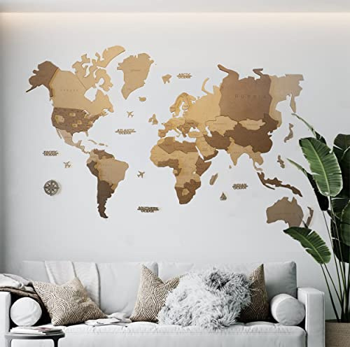 MISS MAPS Mapamundi de madera 3D grande para pared. Mapa para marcar viajes y decoración para viajeros. Multicapa de madera prensada nombres grabados (100x60cm, Bicolor)