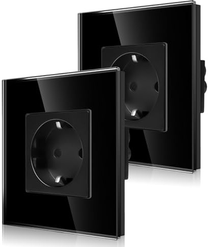 CNBINGO 2-Pack Schuko Einzelsteckdose Unterputz, Glasrahmen Schwarz | 1-Fach Steckdose mit Kindersicherung, Einfach Schutzkontakt Wandsteckdose, Horizontale und Vertikale DIY-Montage