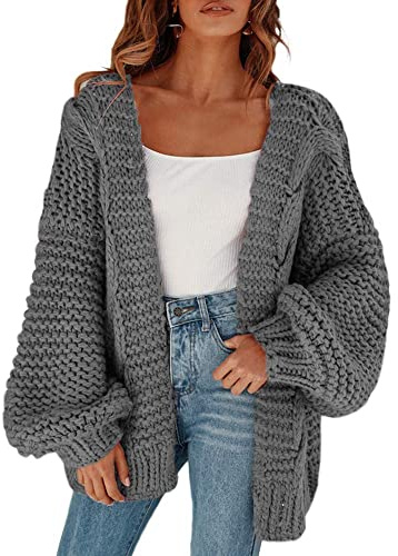 Cicy Bell Damen Strickjacken Cardigan Lose Laternenärmel Elegante Übergroße Pullover Grau S