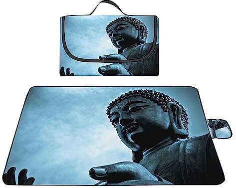 Couverture Pique-nique Imperméable 200x300cm,Couverture Plage Extérieure XXL Tapis de Plage,Statue bleue Zen Camping Couverture étanche Pique-nique avec Poignée pour Camping Randonnée Parc Plage
