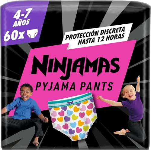 DODOT Ninjamas Pañal Branguita para Pijama con Corazones, 60 Pañales de Pijama, 4-7 Años, 17kg-30kg, Protección contra fugas toda la noche