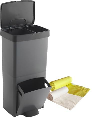SP Berner Pack Cubo de basura o reciclaje 70L, VERTICAL, 2 Compartimentos, Papelera residuos, 76 cm, INCLUYE bolsas de basura adaptadas 30+10L, Gris