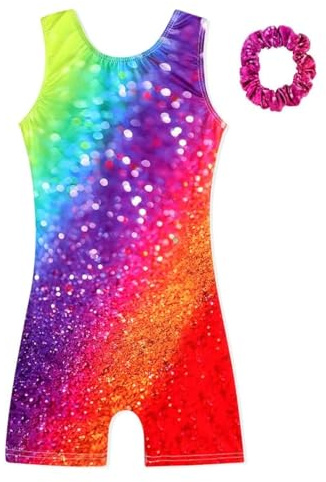 XiaoMoSha Gymnastikanzug für Mädchen, ärmellos, Einteiler, Tanzoutfit für Kinder, Farbverlauf, glitzernder Regenbogen-Turnanzug für kleine Mädchen von 2–10 Jahren, Regenbogen-Glitzer, 7-8 Jahre