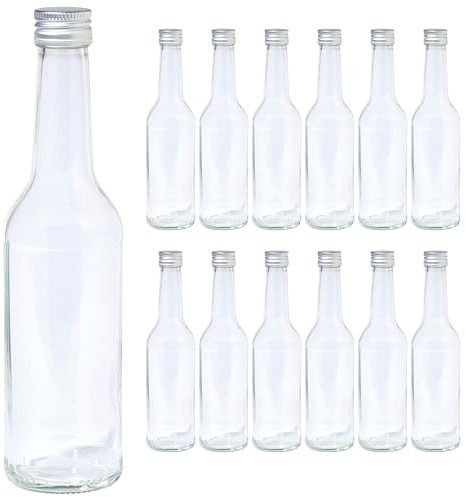 Vitrea 12 leere Glasflaschen 350ml Schraubverschluss Silber - Flaschen zum Befüllen mit Deckel - für Saft, Getränke, Likör, Öl, Saucen - 12 Stück, PP28, Gradhals