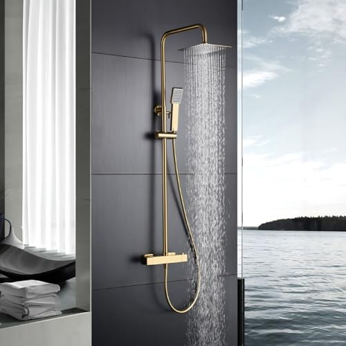 IMEX - Colonne Douche Thermostatique Salle de Bain Or Brossé | Colonne de Douche Laiton Reglable Dorée | Mitigeur Colonne de Douche avec Robinet | Barre en Acier Inoxydable S.304 Extensible