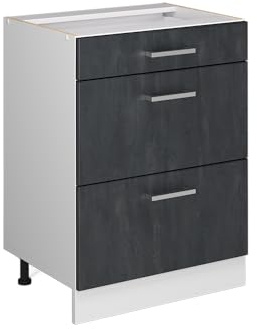 Vicco Küchenunterschrank R-Line, Schwarz Beton, 60 cm | 3 Schubladen · Ohne Arbeitsplatte · Höhenverstellbare Füße · ✓ Leichter Zugriff · ✓ Frei kombinierbar