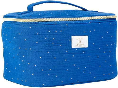 French Tendance - Vanity de Voyage Femme - Nécessaire de Toilette et Maquillage - Tissu Gaze de Coton - Coloris Bleu Pois Dorés - Dimensions 26 x 20 x 18 cm