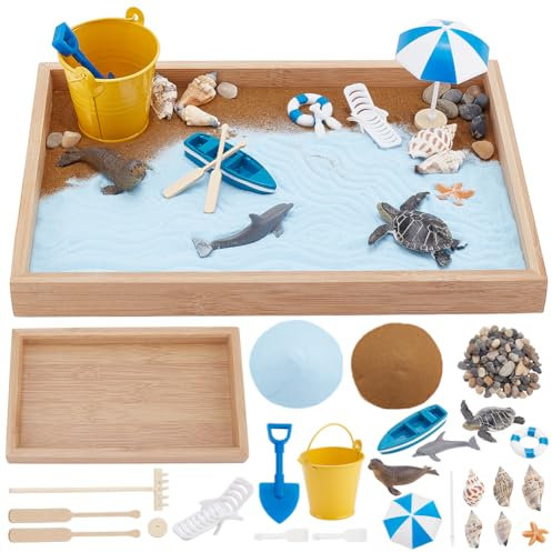 WEBEEDY Mini Beach Zen Garden Ocean Beach Sandbox Decorations Japanese Mini Garden Gift Set for Relaxation and Meditation Sand Craft Accessories for Home Office Desktop Decor Unique Gift