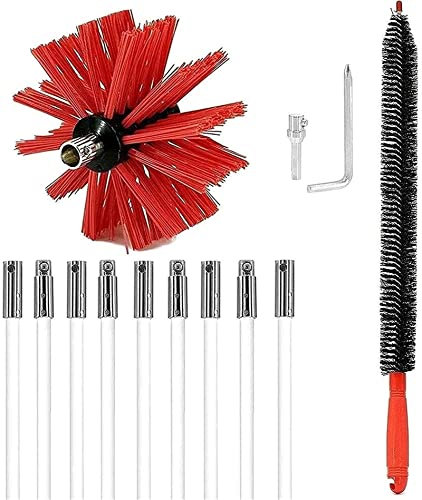 SIYAN Chimney Cleaning Brush Kit Chimney Sweep Kit, Sweeping Brush Drain Rod Set Nylon Cleaning Tool Accessory Includes 6/9/12/15/Flexible Rods 1 Brush Head(9 Rods,410mm)