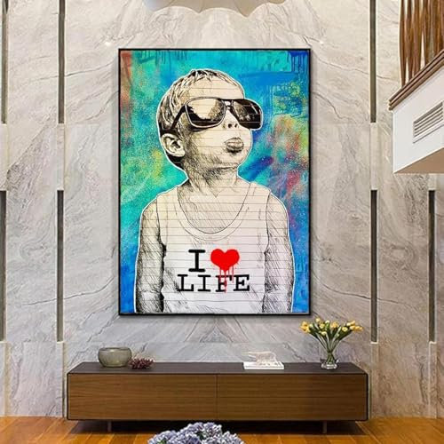 DAMAIART Graffiti-Wandkunst, Bilder, frecher Junge mit herausgestreckter Zunge, Poster und Drucke, lustige Leinwandgemälde für Wohnzimmerdekor, 70 x 100 cm, rahmenlos