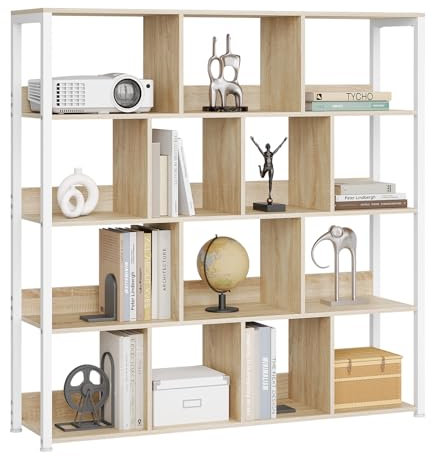 eSituro Standregal Regal stehend, Bücherregal mit 4 Ebenen, Bücherschrank Aufbewahrungsregal Küchenregal Eckregal, Standregal mit Kippsicherungen, aus Metall, 120x30x120 cm, Helle Eiche Weiß