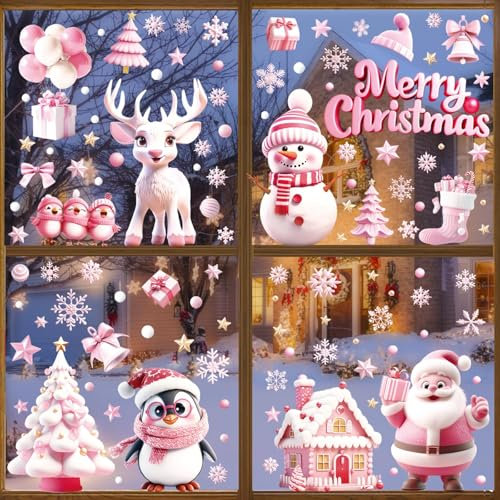 Fensterbilder 9 Blätter Fenstersticker Selbstklebend mit Weihnachtsmann Rentiere Glocken Schneeflocken Häuser deko für Winter Fenster Tür deko (Rosa)