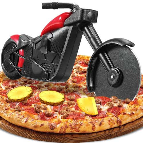 Motorbike Pizza Cutter, Novelty Pizza Cutter Motorcycle Pizza Wheel Slicer Roller, Stainless Steel Pizza Knife Super Sharp Blade with Non-Stick Coating & Kickstand, Kitchen Gadgets Creative Gift (Red)