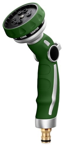 RESTMO Gartenbrause Metall, Robuste Garten Wasserspritze Heavy Duty | 9 Muster Gartenschlauch Brause zum Reinigen und Bewässern, Daumenflusskontrolle, Einhandbedienung, Grün