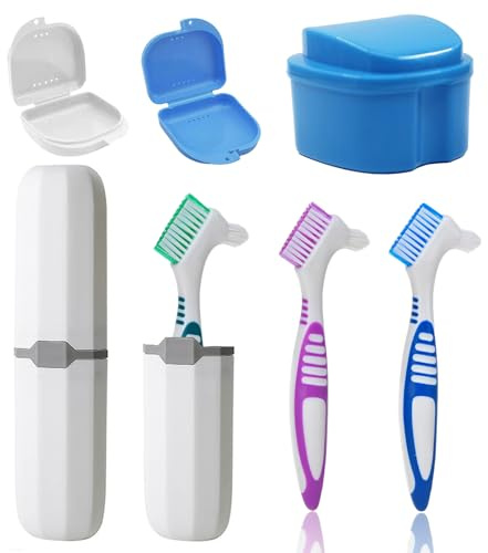 UBLNNFY 7PCS Denture Bath Case Cup Kit Denture Brush Kit False Teeth Cleaning Tools with 3 Brush, 2 Retainer and Bath Cases with Carry Box, White
