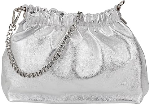 SH Leder Echtleder Umhängetasche Clutch kleine Tasche Abendtasche Alltagstasche mit Silberne Kette 23x14cm Elke G355 (Silber)