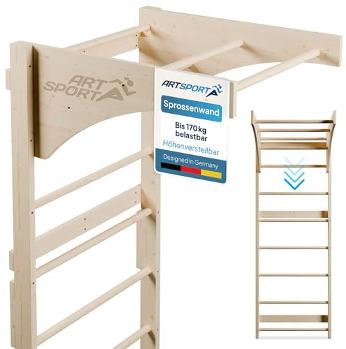 ArtSport Sprossenwand für Erwachsene - Indoor Klettergerüst aus Holz - Klimmzugstange & Krafttraining - Befestigung an Wand - Kletterwand - Natur