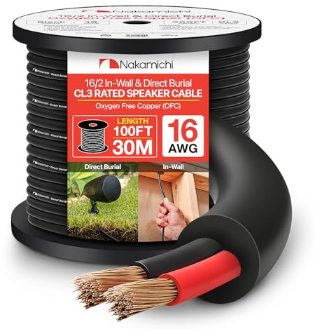 Nakamichi 16/2 (100 piedi) Cavo per altoparlanti a 2 conduttori in rame privo di ossigeno (OFC) per installazione a parete e interrata (certificato UL CL3) uso esterno, nero (16AWG / 100ft / 30,48m)