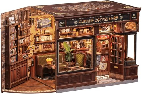 CUTEBEE Book Nook Kit – DIY miniatyrdockhus med träbokstöd, LED-ljus & 3D-träpussel, hemdekoration för vuxna & tonåringar (CORNER COFFEE SHOP)