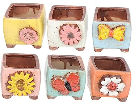 Happyyami 6piezas Maceta para Suculentas De Cerámica Macetas para Jardinería Pequeñas Diseño De Relieve y Mariposas para Decorar Interiores y