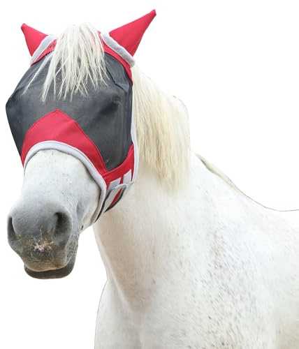 Leberna Fly Mask for Horses with Ears, Breathable Adjustable Mesh, Sun & Insect Protection – Comfortable Horse Face Mask for Stable & Pasture(Red, Full)